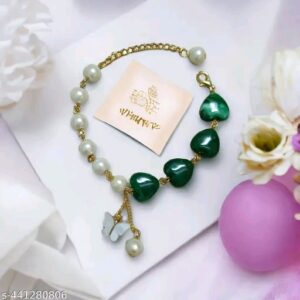 Green heart and glass pearl buttterfly charms handmade bracelet for women and girls adjustable bracelet